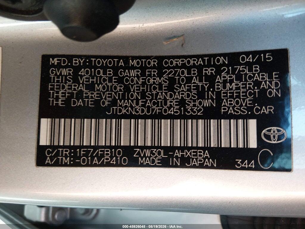 JTDKN3DU7F0451332 2015 TOYOTA PRIUS photo no. 9