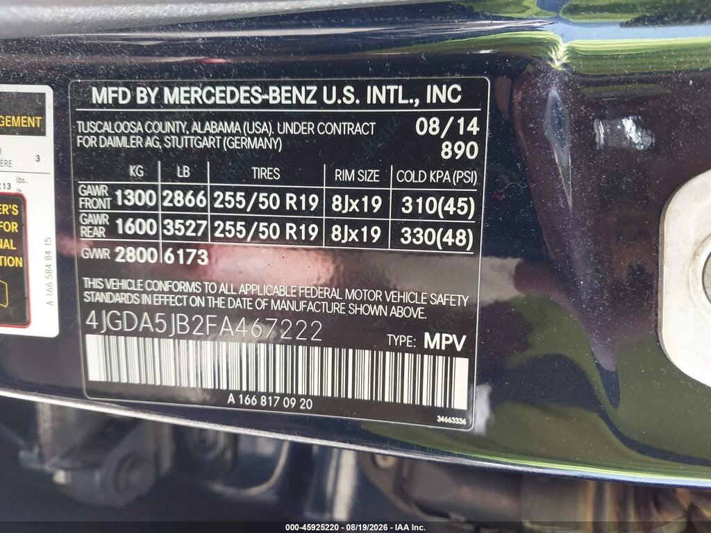4JGDA5JB2FA467222 2015 MERCEDES-BENZ ML 350 photo no. 9