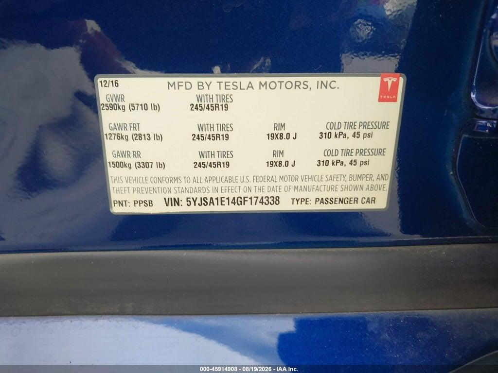5YJSA1E14GF174338 2016 TESLA MODEL S photo no. 9