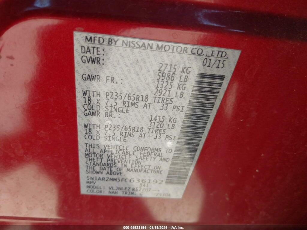 5N1AR2MM5FC636192 2015 NISSAN PATHFINDER photo no. 9