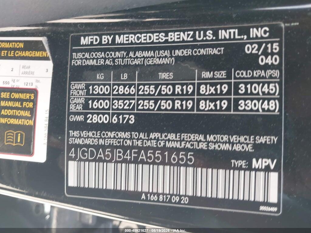 4JGDA5JB4FA551655 2015 MERCEDES-BENZ ML 350 photo no. 9