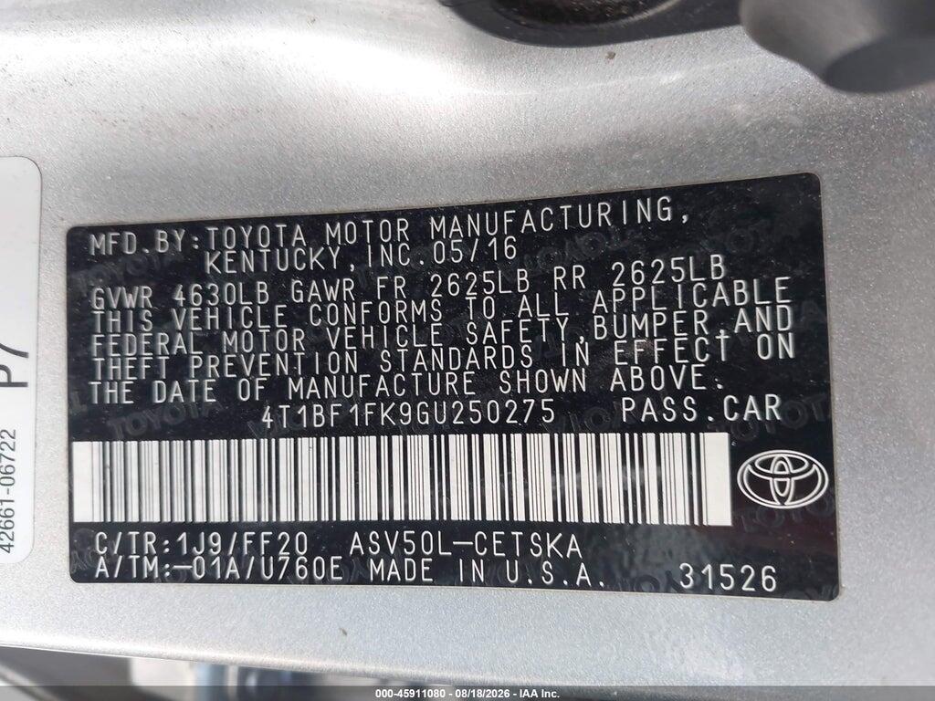 4T1BF1FK9GU250275 2016 TOYOTA CAMRY photo no. 9