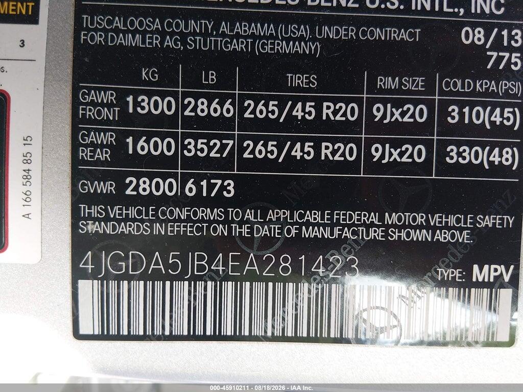 4JGDA5JB4EA281423 2014 MERCEDES-BENZ ML 350 photo no. 9