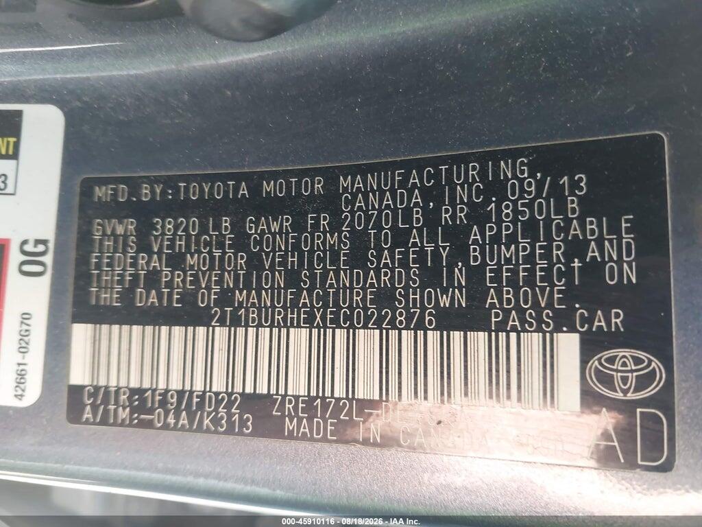 2T1BURHEXEC022876 2014 TOYOTA COROLLA photo no. 9