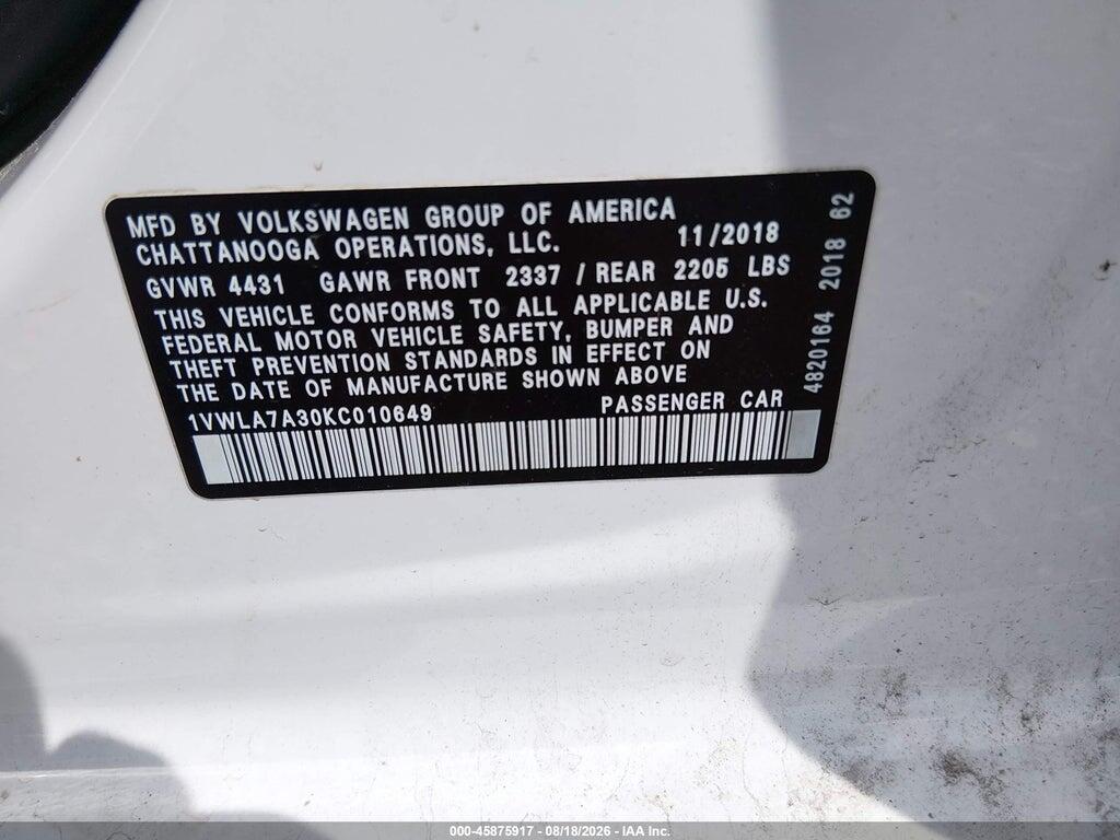1VWLA7A30KC010649 2019 VOLKSWAGEN PASSAT photo no. 9