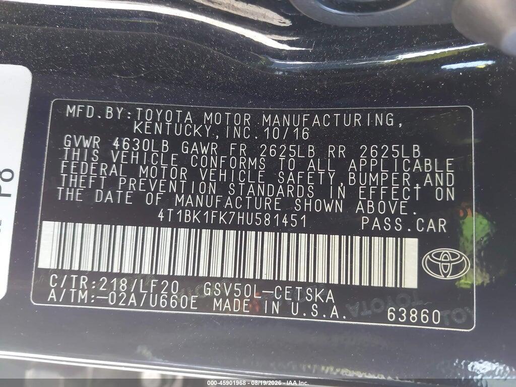 4T1BK1FK7HU581451 2017 TOYOTA CAMRY photo no. 9