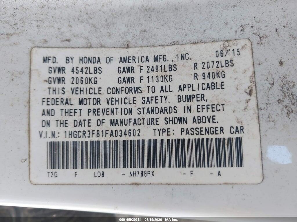 1HGCR3F81FA034602 2015 HONDA ACCORD photo no. 9