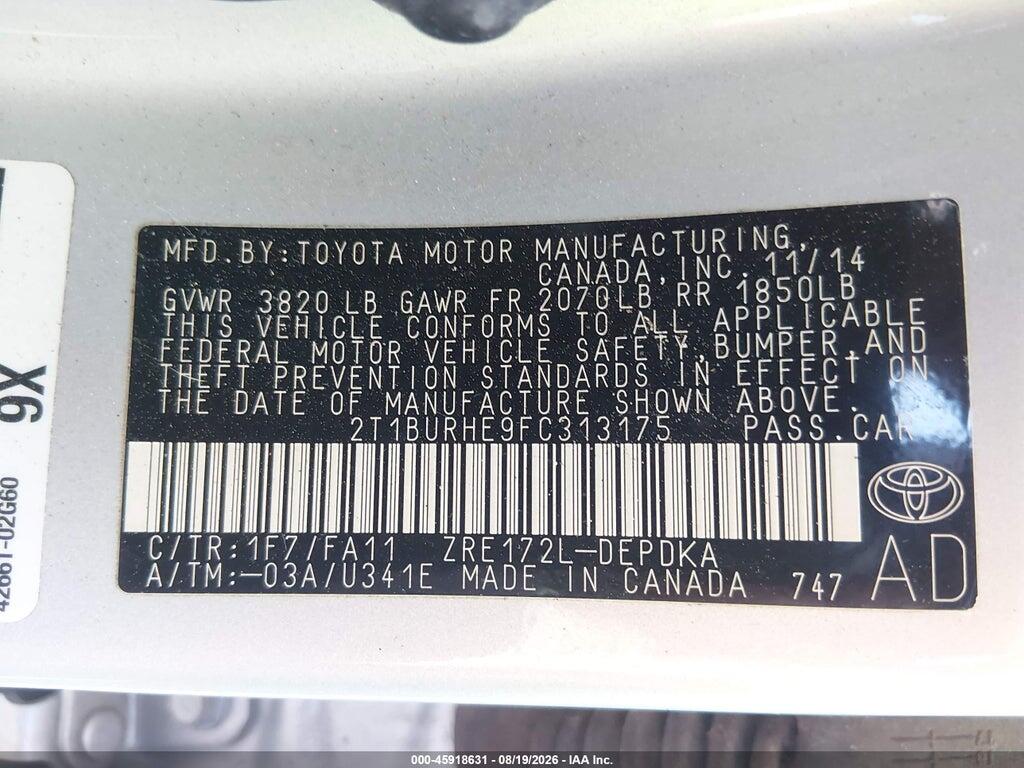 2T1BURHE9FC313175 2015 TOYOTA COROLLA photo no. 9