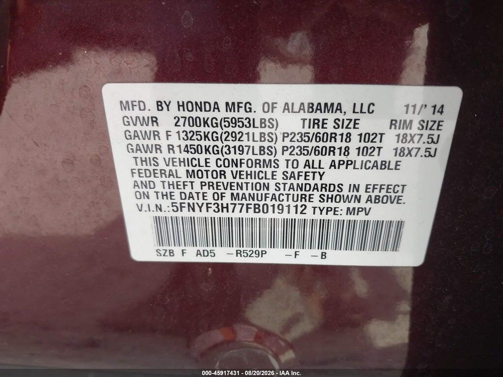 5FNYF3H77FB019112 2015 HONDA PILOT photo no. 9