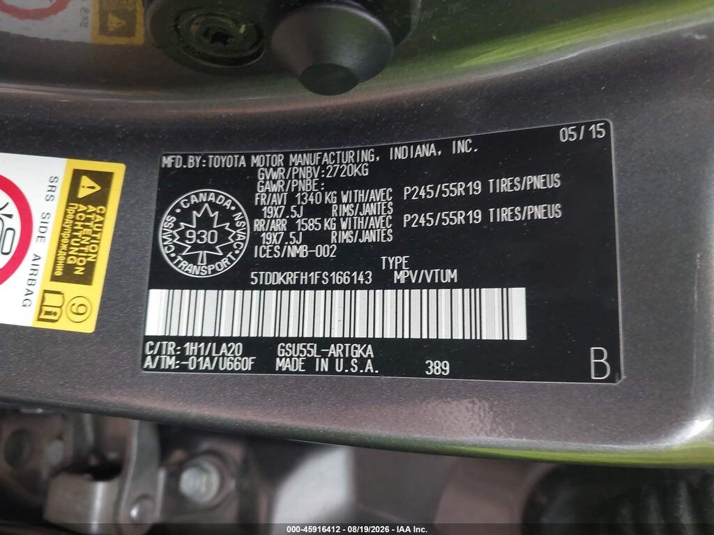5TDDKRFH1FS166143 2015 TOYOTA HIGHLANDER photo no. 9