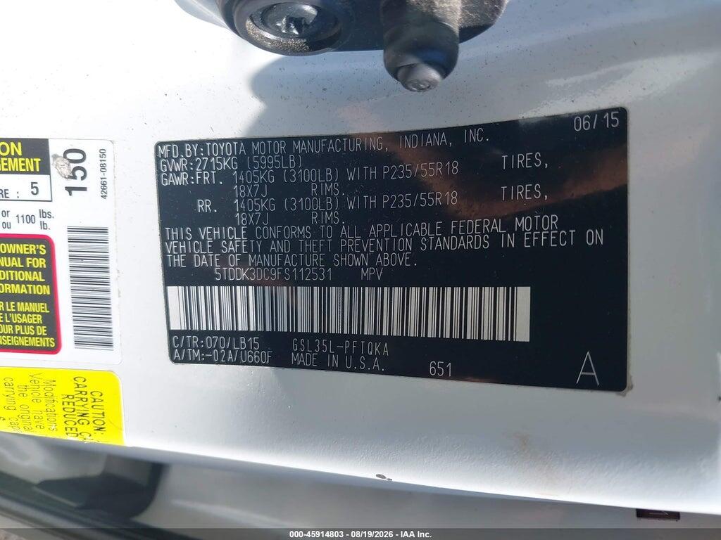 5TDDK3DC9FS112531 2015 TOYOTA SIENNA photo no. 9