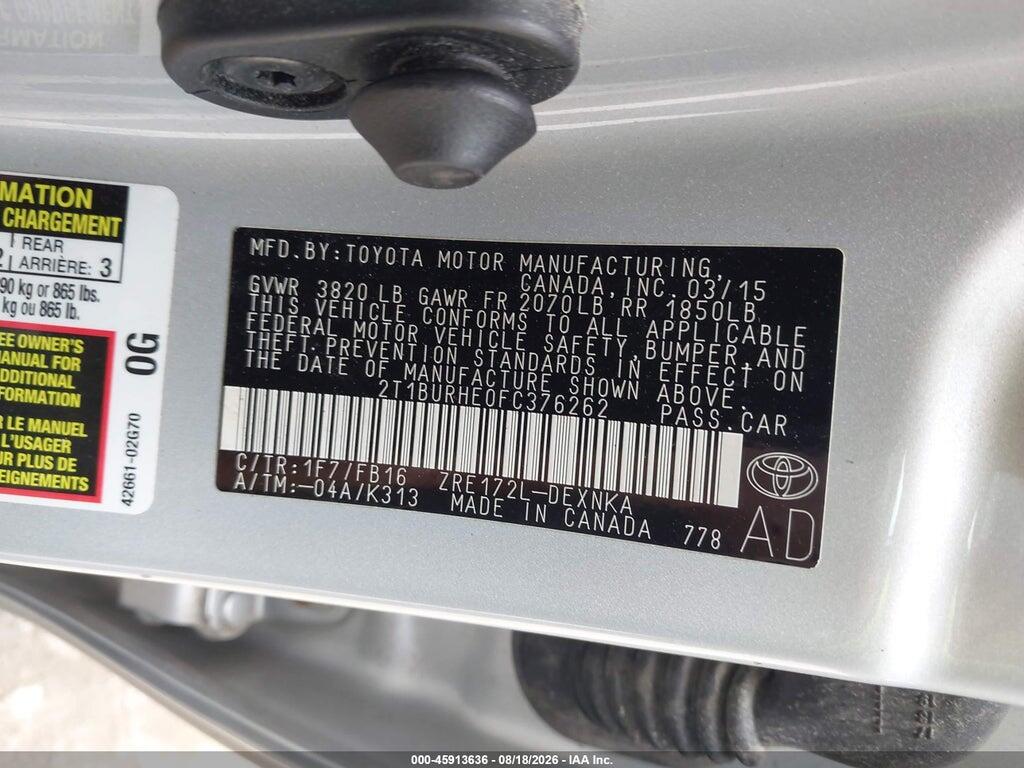 2T1BURHE0FC376262 2015 TOYOTA COROLLA photo no. 9
