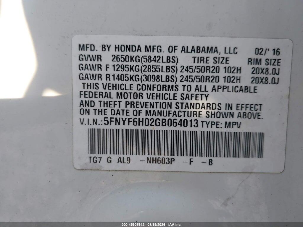 5FNYF6H02GB064013 2016 HONDA PILOT photo no. 9
