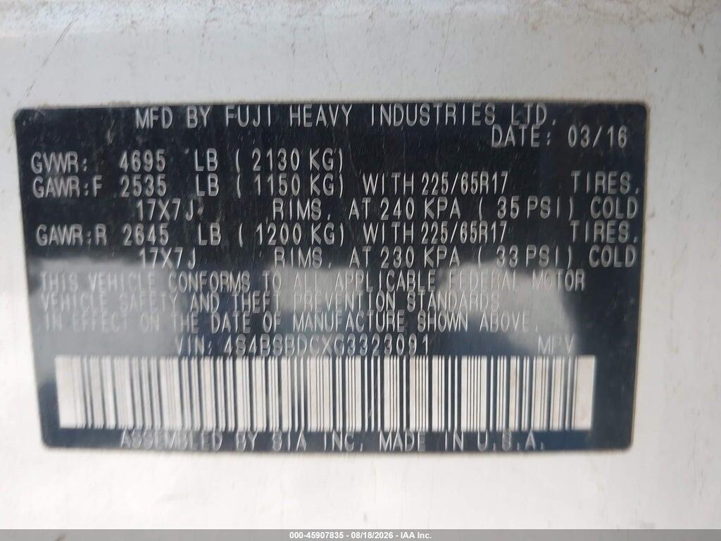 4S4BSBDCXG3323091 2016 SUBARU OUTBACK photo no. 9