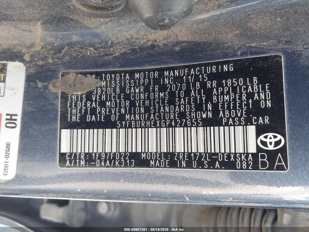 5YFBURHEXGP427655 2016 TOYOTA COROLLA photo no. 9