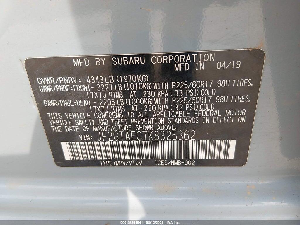 JF2GTAEC7K8325362 2019 SUBARU CROSSTREK photo no. 9