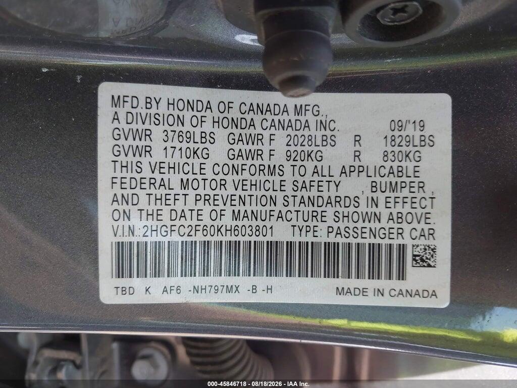 2HGFC2F60KH603801 2019 HONDA CIVIC photo no. 9