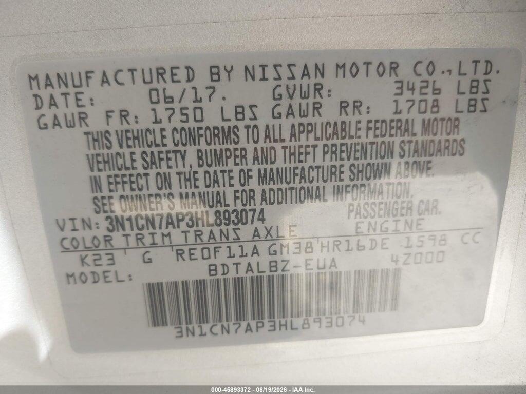 3N1CN7AP3HL893074 2017 NISSAN VERSA photo no. 9