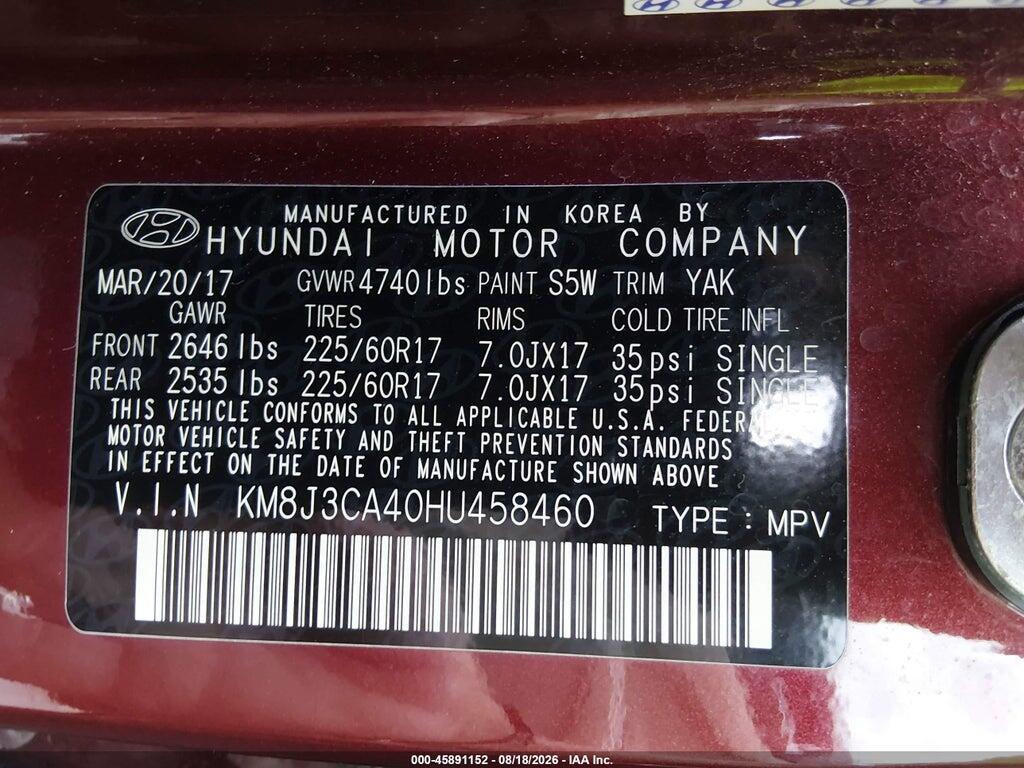 KM8J3CA40HU458460 2017 HYUNDAI TUCSON photo no. 9