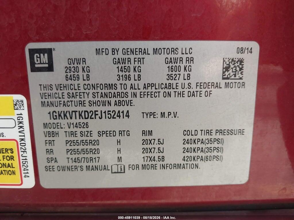 1GKKVTKD2FJ152414 2015 GMC ACADIA photo no. 9