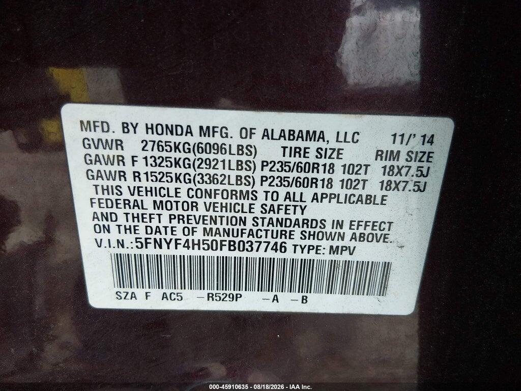 5FNYF4H50FB037746 2015 HONDA PILOT photo no. 9