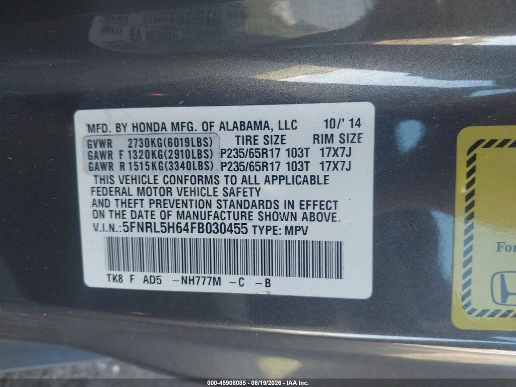 5FNRL5H64FB030455 2015 HONDA ODYSSEY photo no. 9