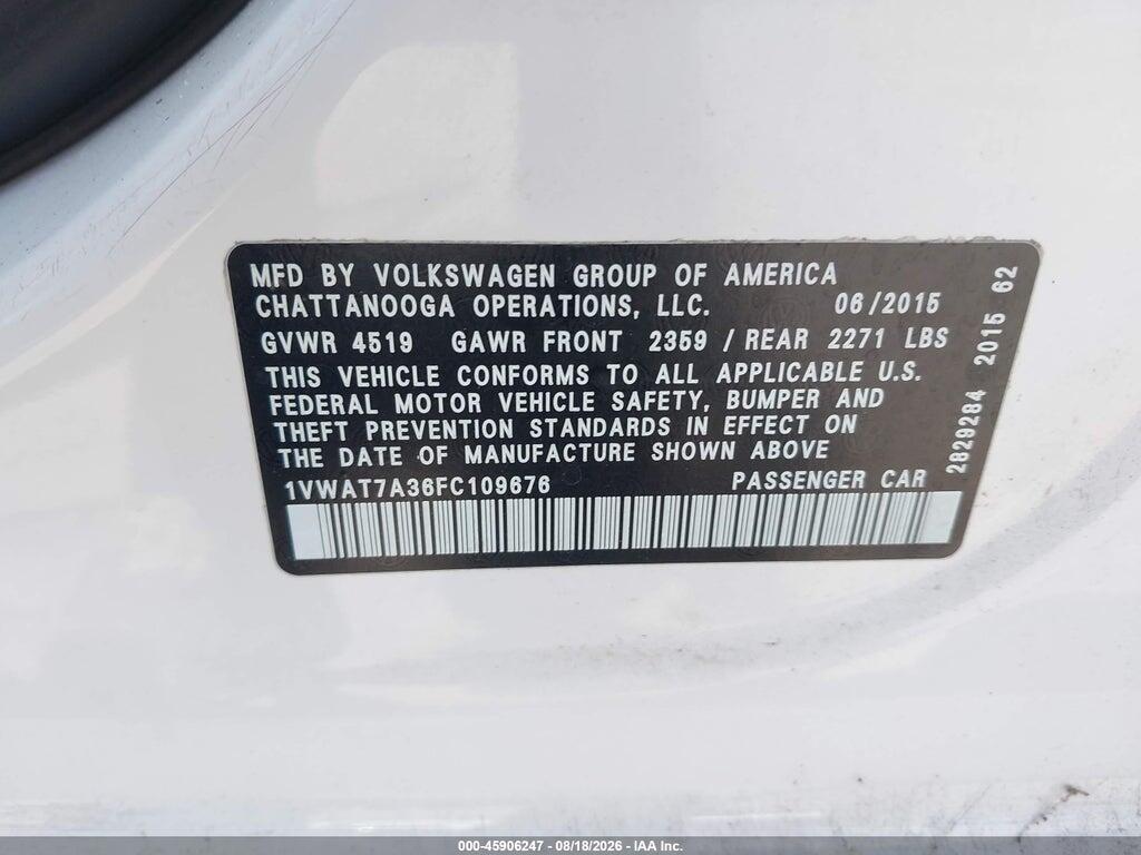 1VWAT7A36FC109676 2015 VOLKSWAGEN PASSAT photo no. 9