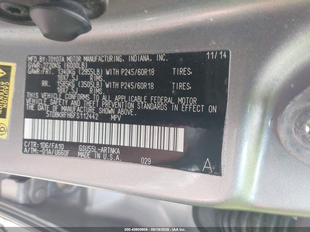 5TDBKRFH6FS112442 2015 TOYOTA HIGHLANDER photo no. 9