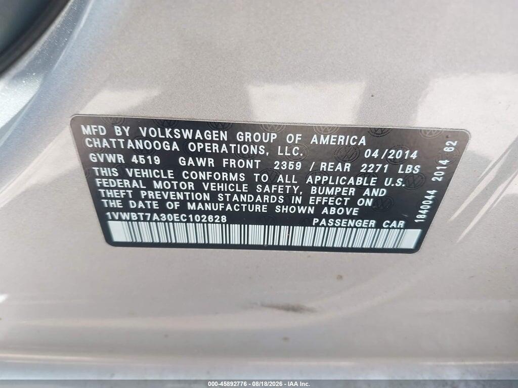 1VWBT7A30EC102628 2014 VOLKSWAGEN PASSAT photo no. 9