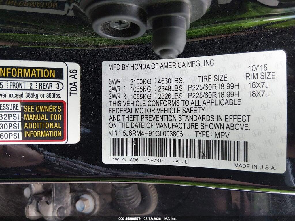 5J6RM4H91GL003806 2016 HONDA CR-V photo no. 9