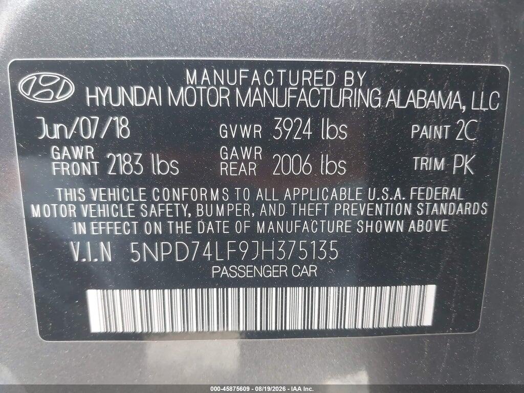 5NPD74LF9JH375135 2018 HYUNDAI ELANTRA photo no. 9