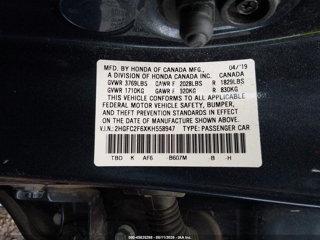 2HGFC2F6XKH558947 2019 HONDA CIVIC photo no. 9