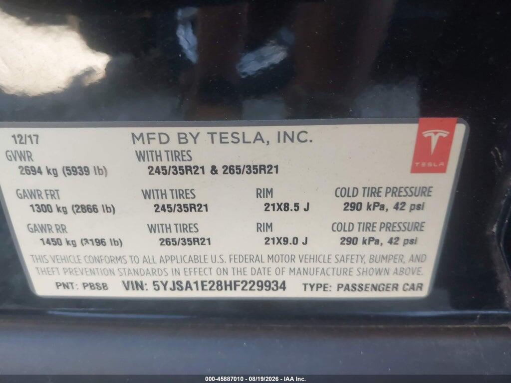 5YJSA1E28HF229934 2017 TESLA MODEL S photo no. 9