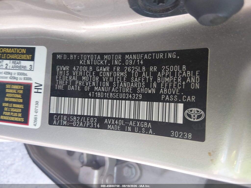4T1BD1EB5EU034329 2014 TOYOTA AVALON HYBRID photo no. 9