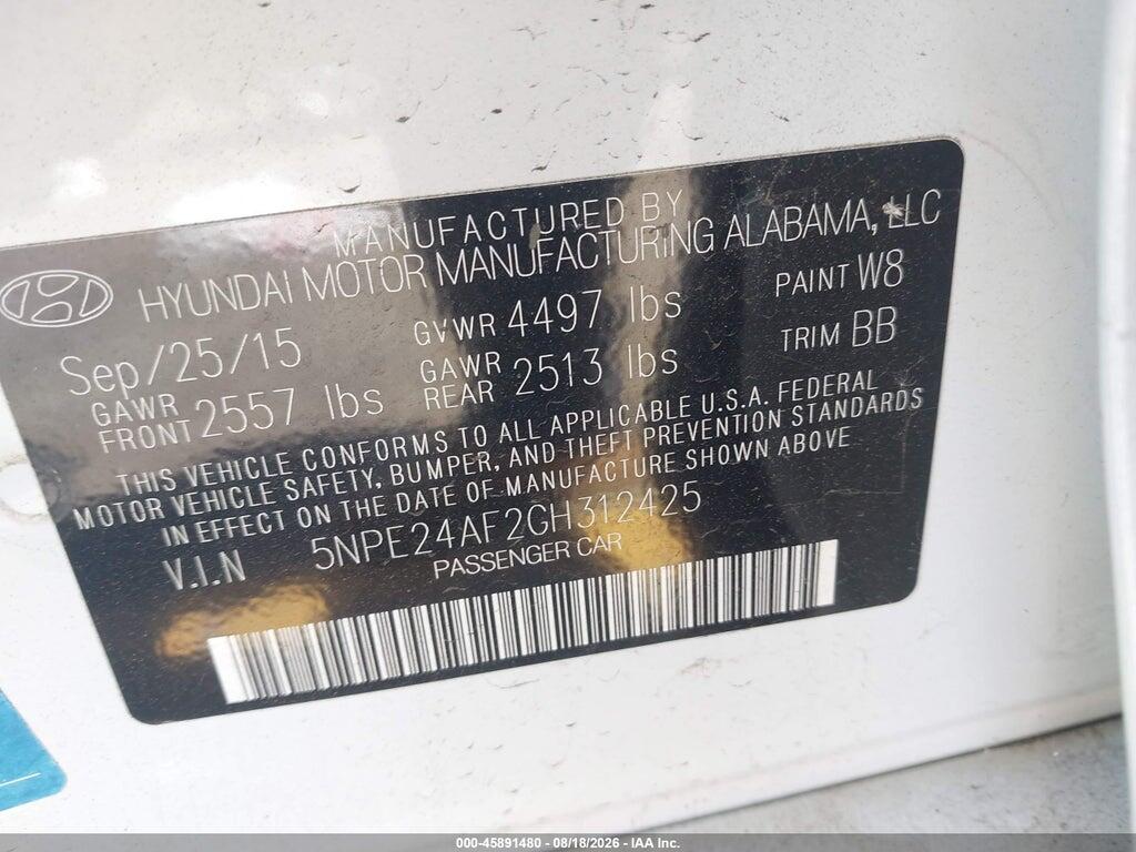 5NPE24AF2GH312425 2016 HYUNDAI SONATA photo no. 9