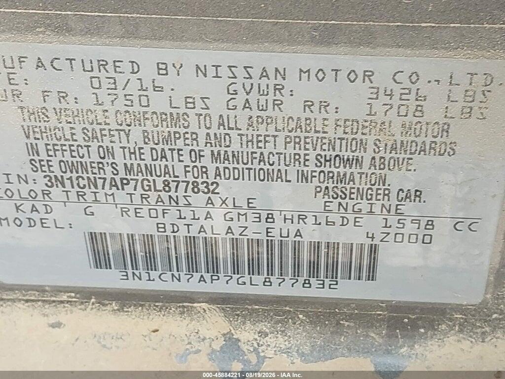 3N1CN7AP7GL877832 2016 NISSAN VERSA photo no. 9
