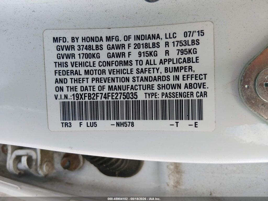19XFB2F74FE275035 2015 HONDA CIVIC photo no. 9