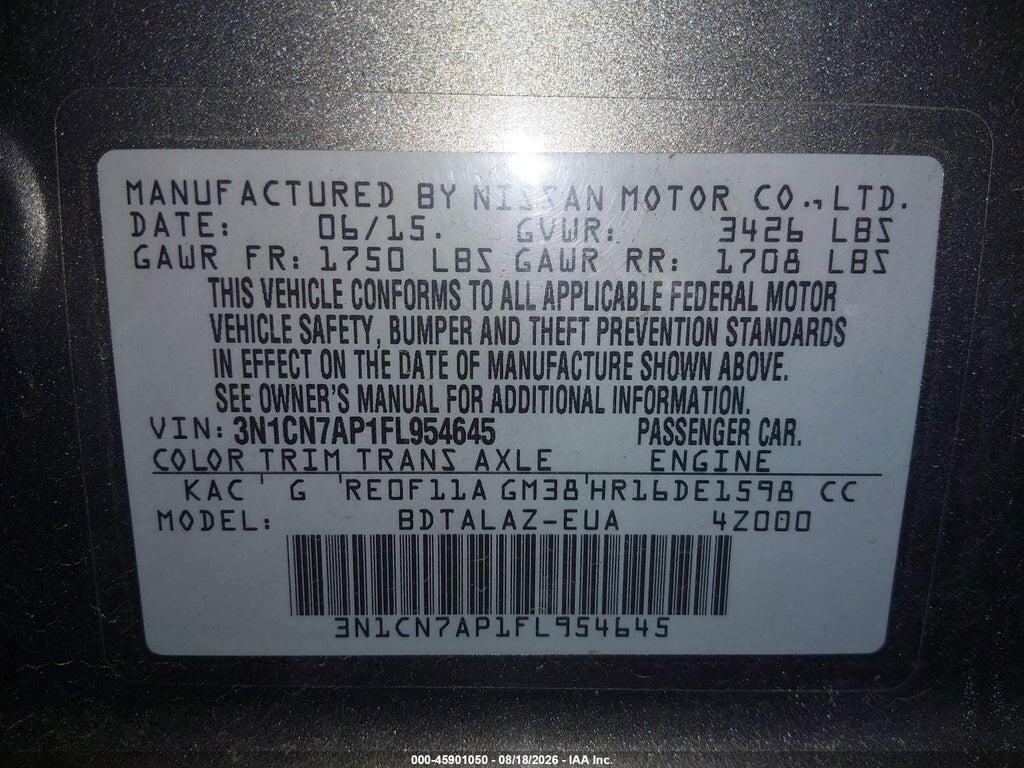 3N1CN7AP1FL954645 2015 NISSAN VERSA photo no. 9
