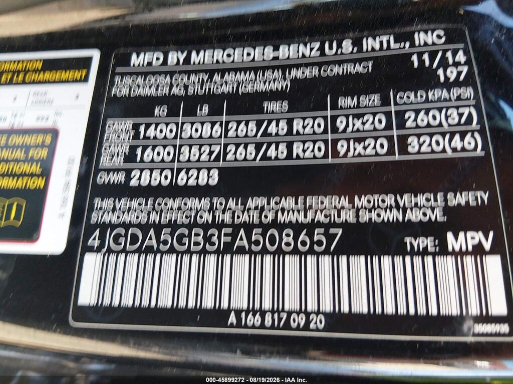 4JGDA5GB3FA508657 2015 MERCEDES-BENZ ML 400 photo no. 9