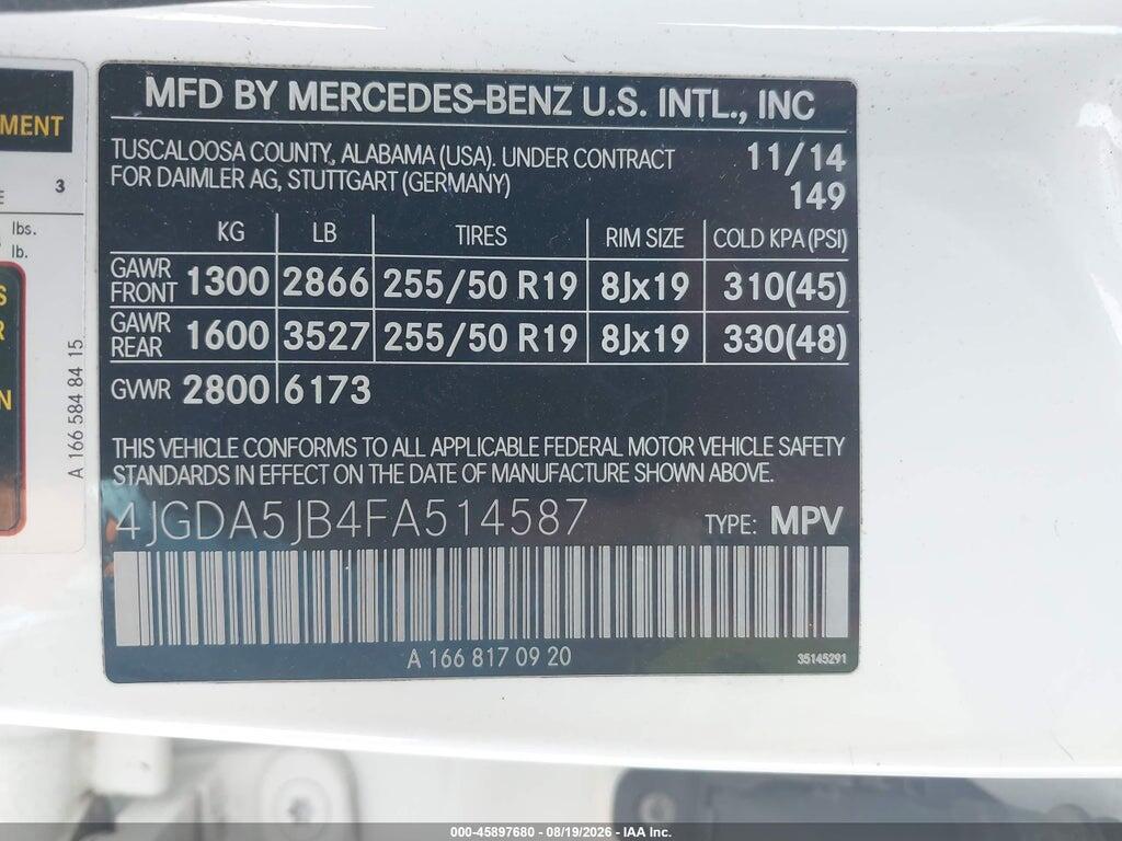 4JGDA5JB4FA514587 2015 MERCEDES-BENZ ML 350 photo no. 9