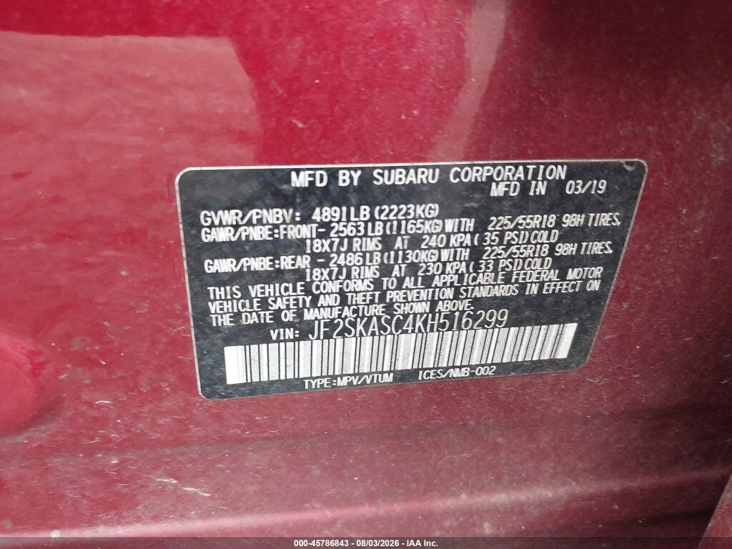 JF2SKASC4KH516299 2019 SUBARU FORESTER photo no. 9
