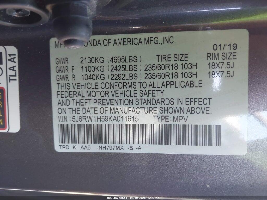 5J6RW1H59KA011615 2019 HONDA CR-V photo no. 9