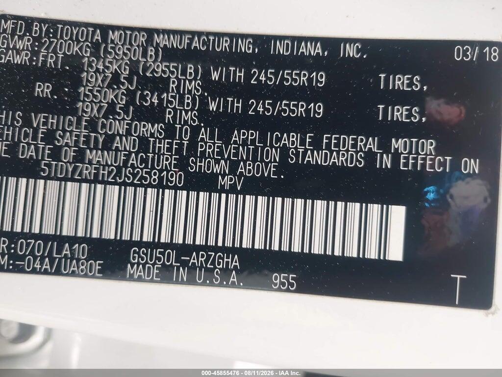 5TDYZRFH2JS258190 2018 TOYOTA HIGHLANDER photo no. 9