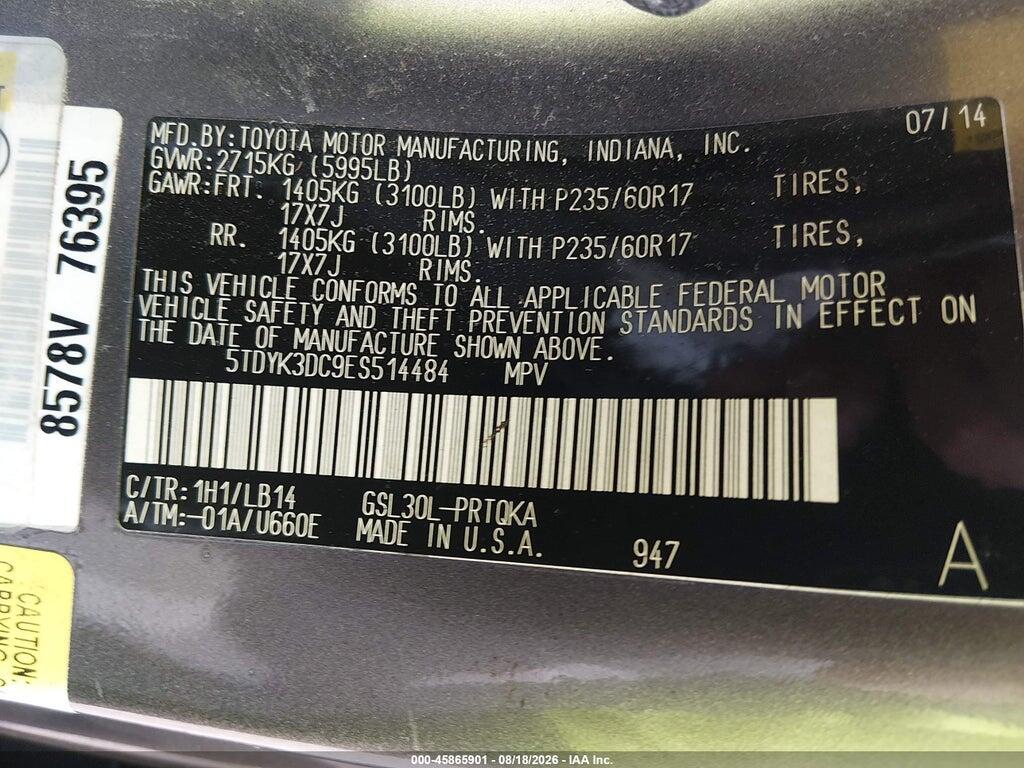 5TDYK3DC9ES514484 2014 TOYOTA SIENNA photo no. 9
