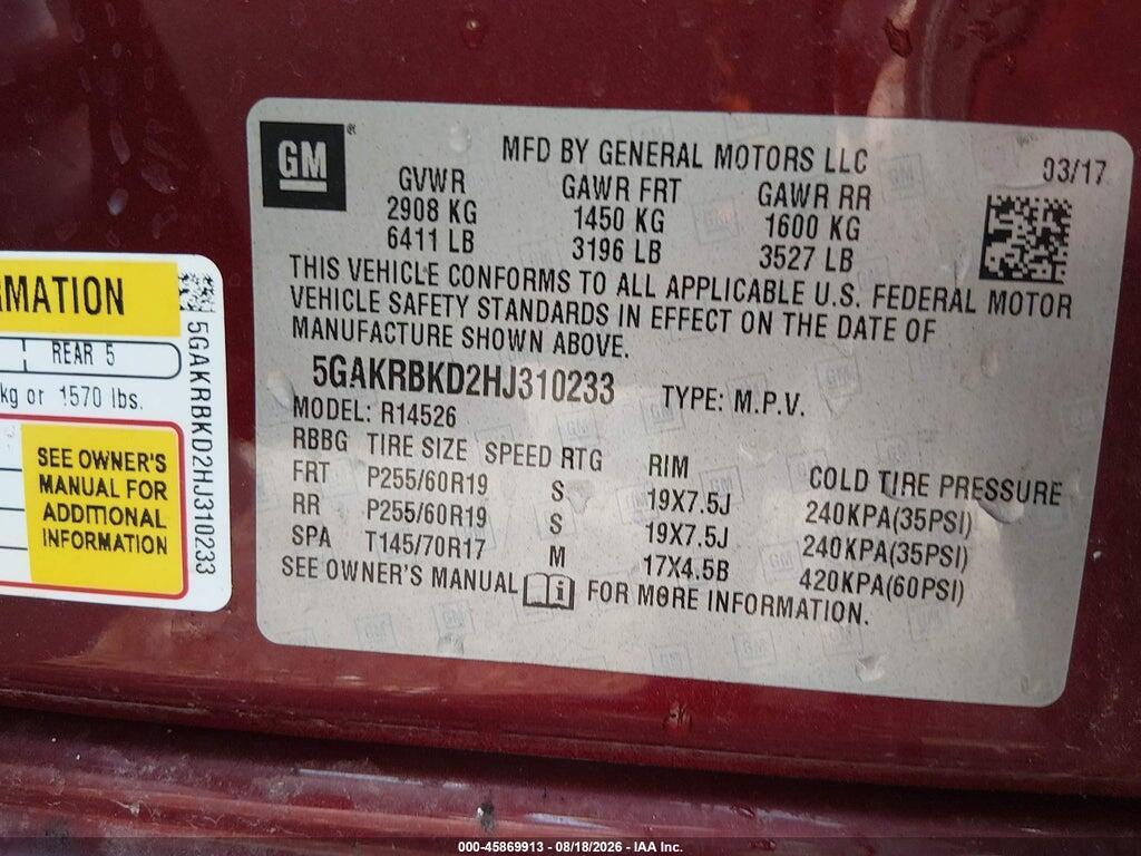 5GAKRBKD2HJ310233 2017 BUICK ENCLAVE photo no. 9