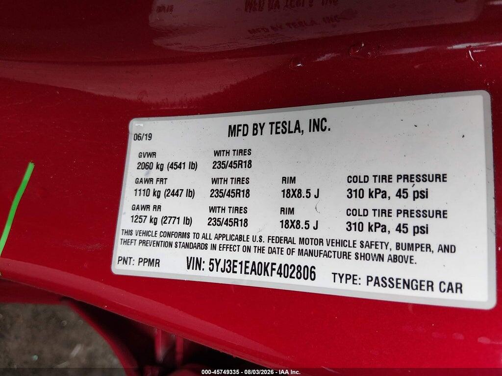 5YJ3E1EA0KF402806 2019 TESLA MODEL 3 photo no. 9