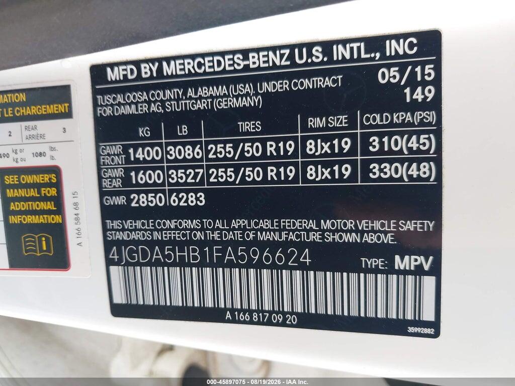 4JGDA5HB1FA596624 2015 MERCEDES-BENZ ML 350 photo no. 9