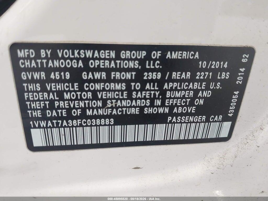 1VWAT7A36FC038883 2015 VOLKSWAGEN PASSAT photo no. 9