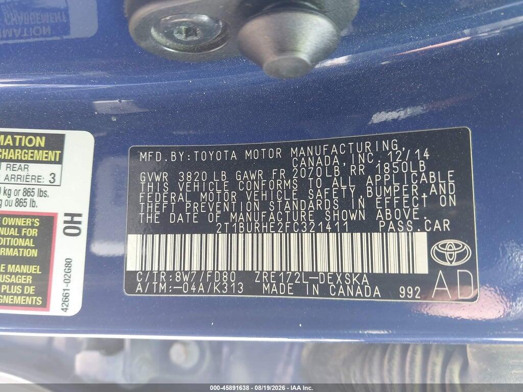 2T1BURHE2FC321411 2015 TOYOTA COROLLA photo no. 9