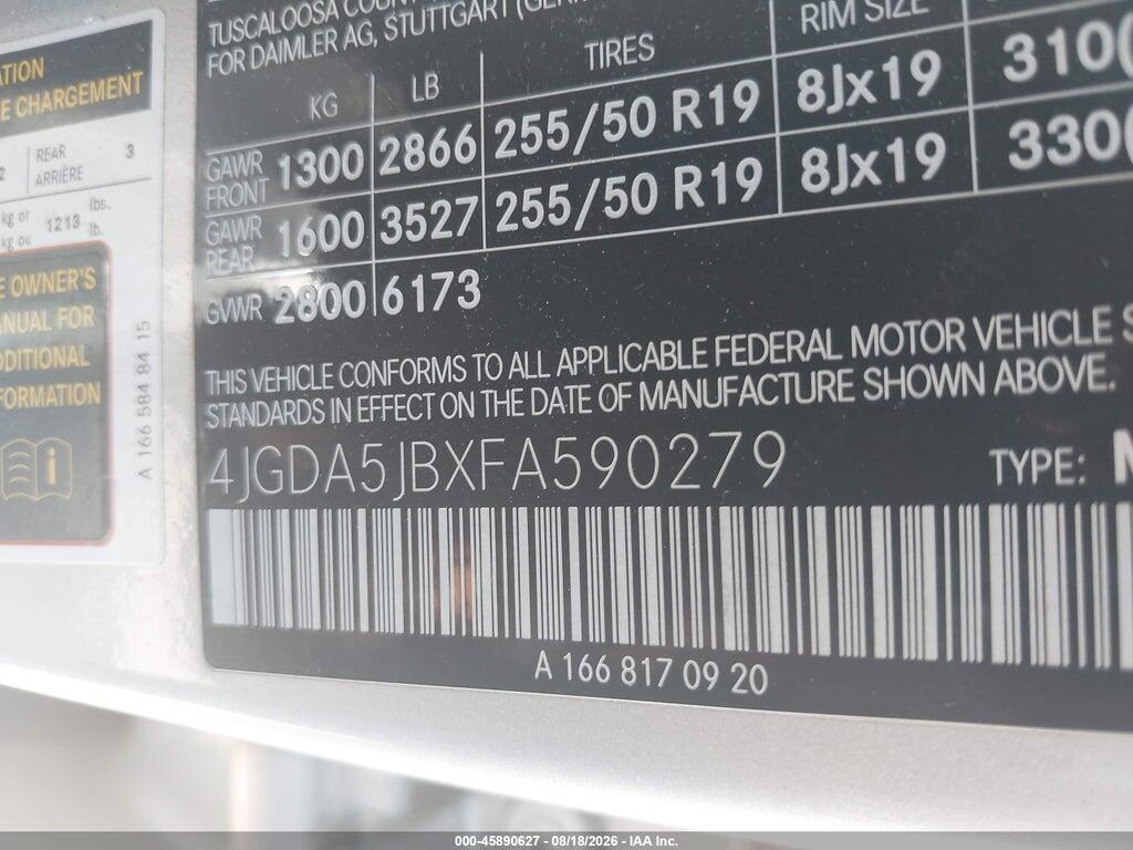 4JGDA5JBXFA590279 2015 MERCEDES-BENZ ML 350 photo no. 9